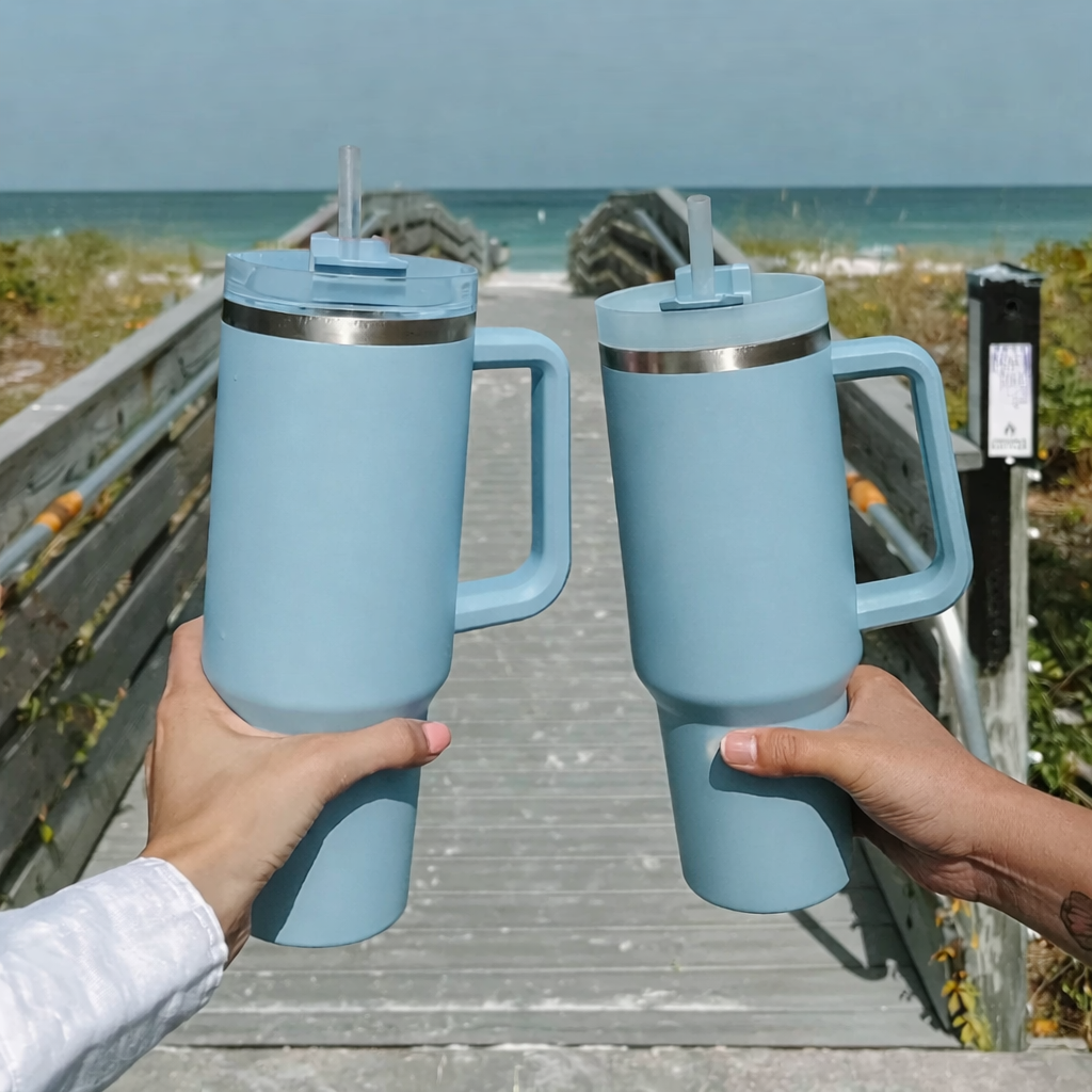 Move Thermal Cup 1200ml Azul Claro MoveBemVida — detalhe da tampa e canudo