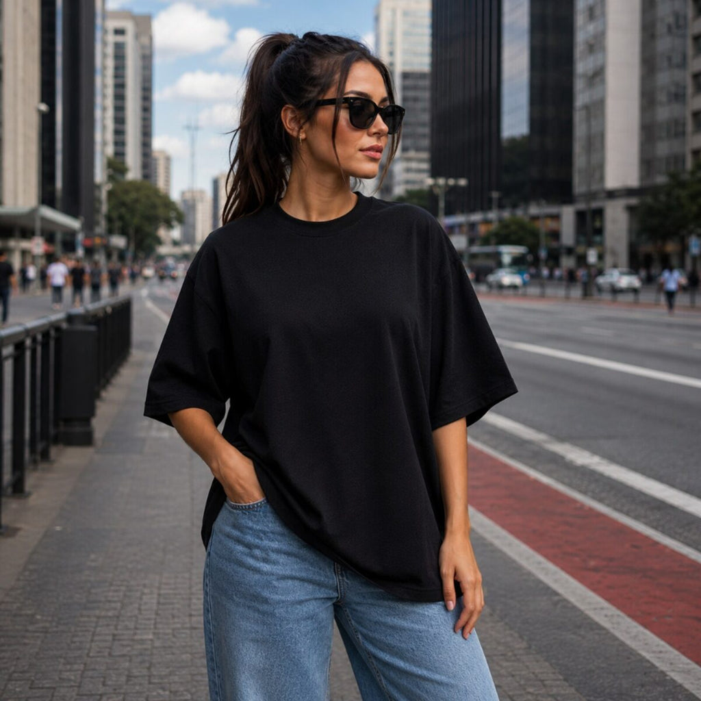 Camiseta Oversized Heavy Premium Preta 230g/m² MoveBemVida — detalhe do algodão encorpado