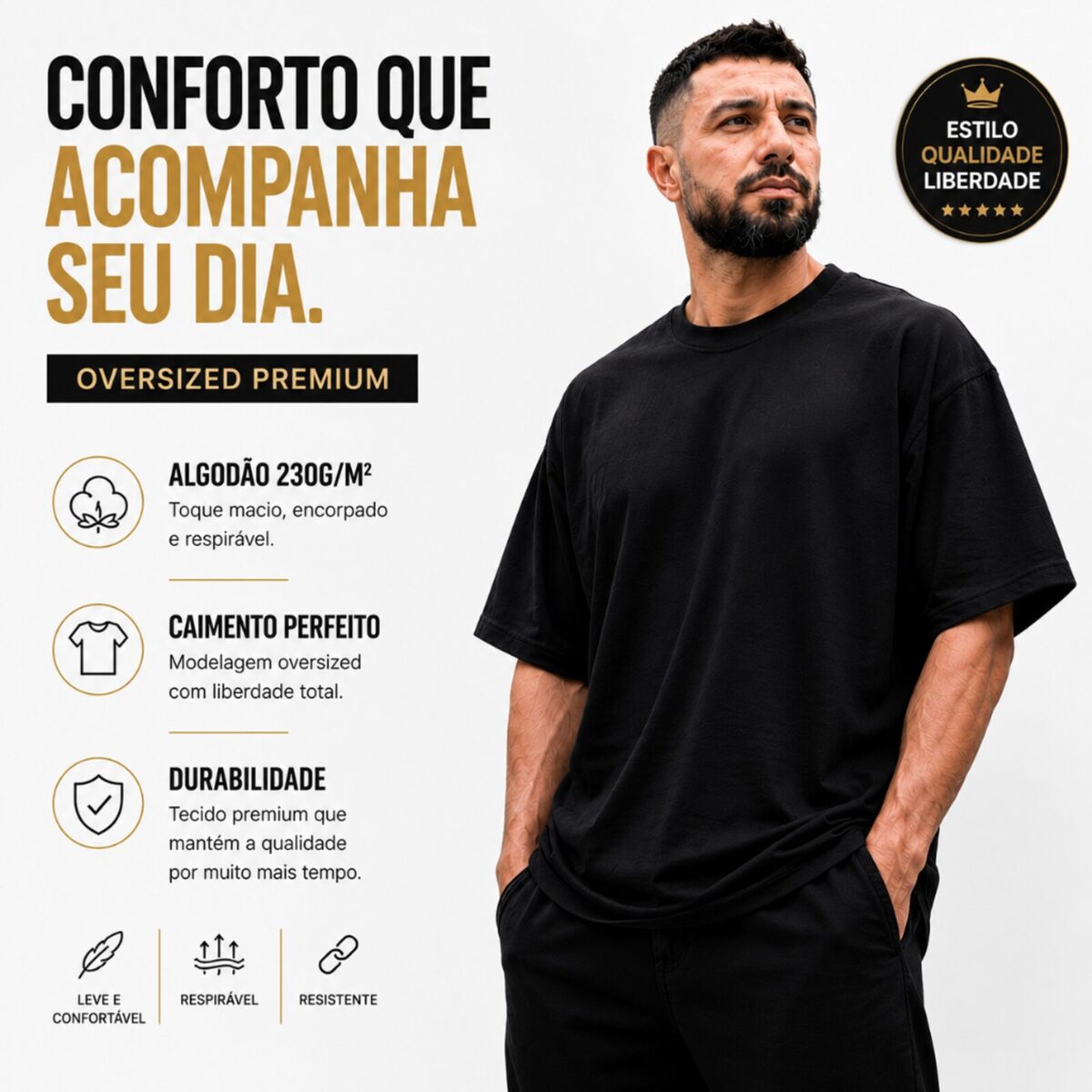 Camiseta Oversized Heavy Premium Preta MoveBemVida — detalhe do tecido premium